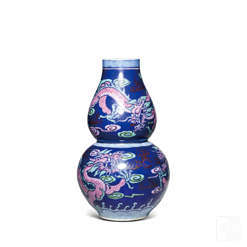 清晚期霁蓝釉粉彩龙纹葫芦瓶 - 图1